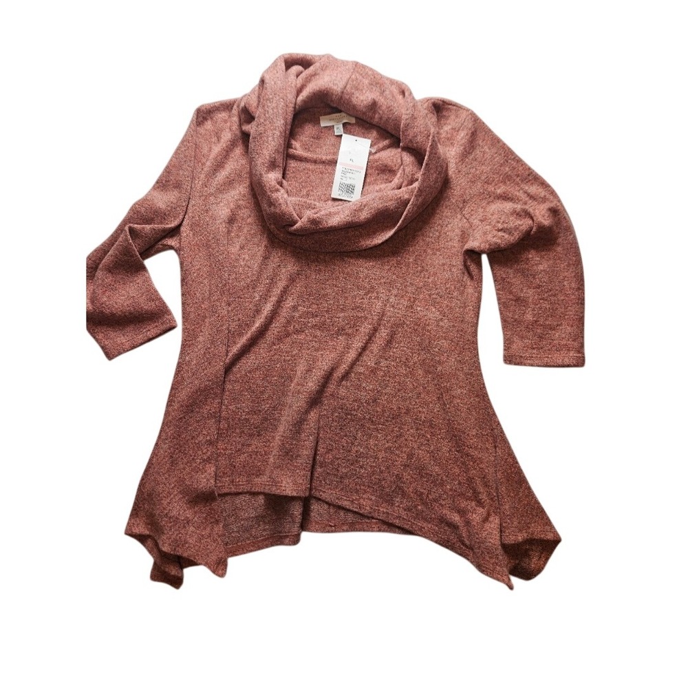 New Directions Petite Hacci Cowl Neck Top Pink Marl Sharkbite Hem PL